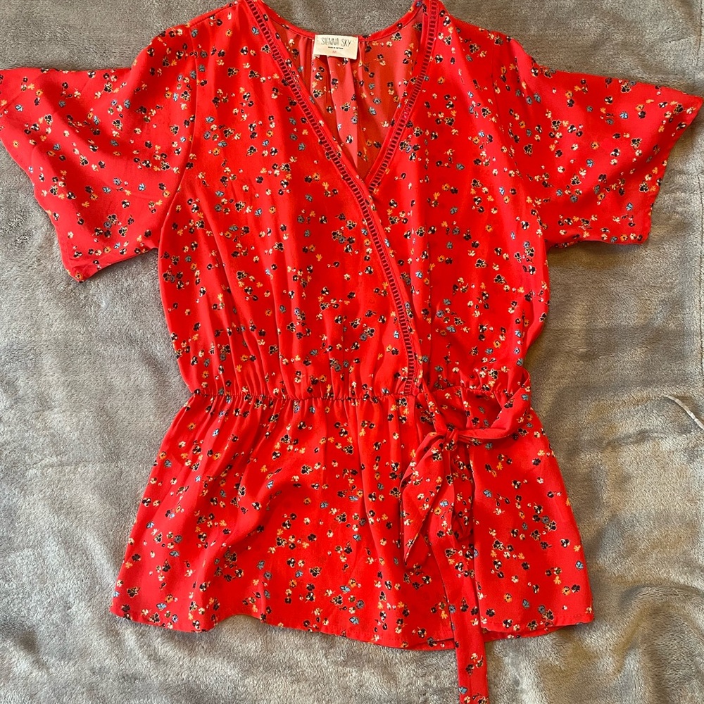 Red Floral Wrap Top